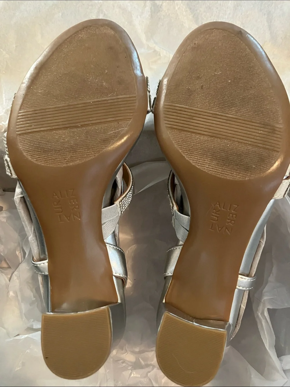 Naturalizer “Bridget” Silver Rhinestone Strap Women's Block Heel Heels